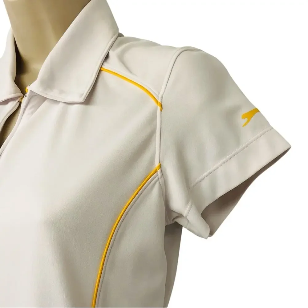 Slazenger White Zip Front Polo Activewear Shirt with Gold Piping Short Sleeve - Picture 3 of 16